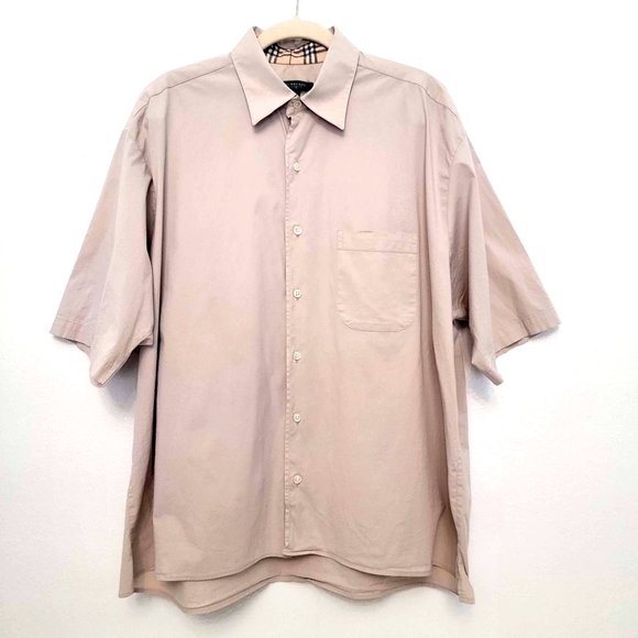 Burberry London Vintage Made in USA Tan S/S Button Up Shirt Size Large